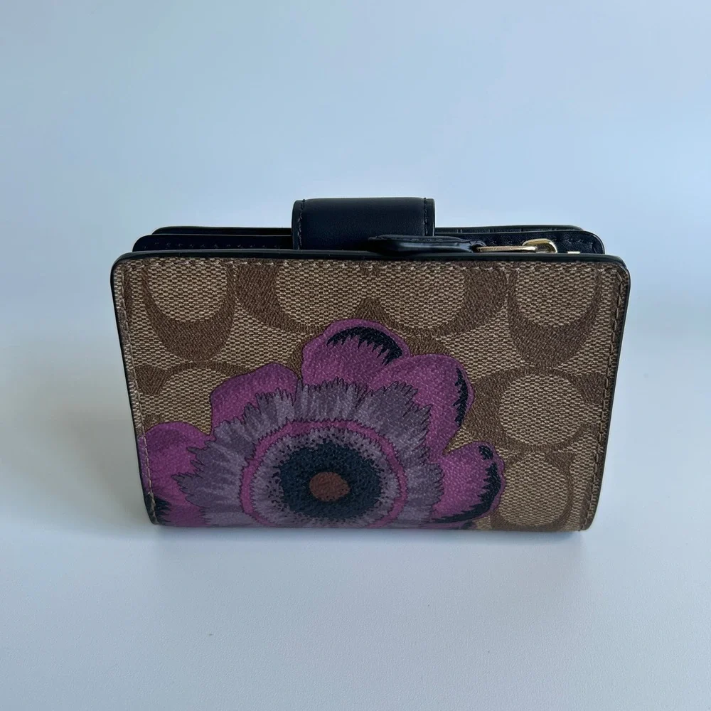 Coach Kaffe Fassett Floral Signature Canvas Medium Corner Zip Wallet Tan Navy